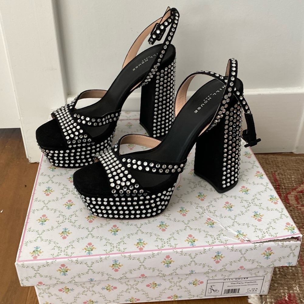 Hill house party platforms in black/crystal suede rhinestones